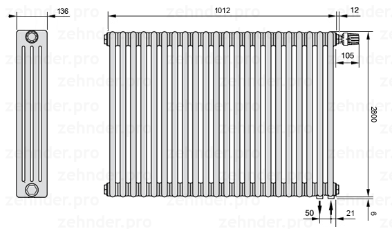 Схема (чертеж) Радиатор Zehnder Charleston 4280/22 №V002 Белый глянцевый RAL 9016